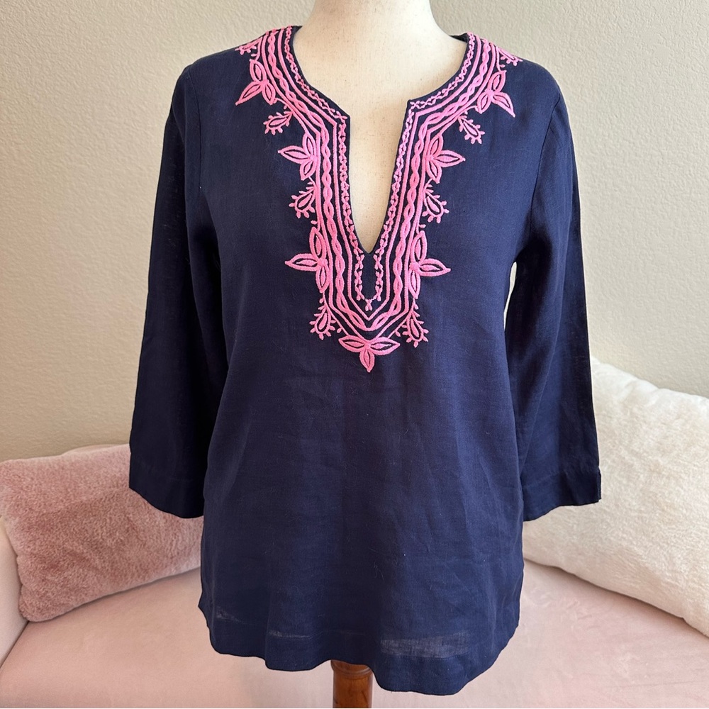 Lilly Pulitzer Navy Tunic with Pink Embroidery